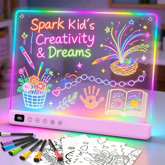 Led Drawing Board with 13 Light Effects, 16" Rechargeable Glow Doodle LED Note Board with Colors, Neon Light Up Drawing Tablet Gifts for Kids for Easter Birthday Christmas Gift Ideas-Purple
