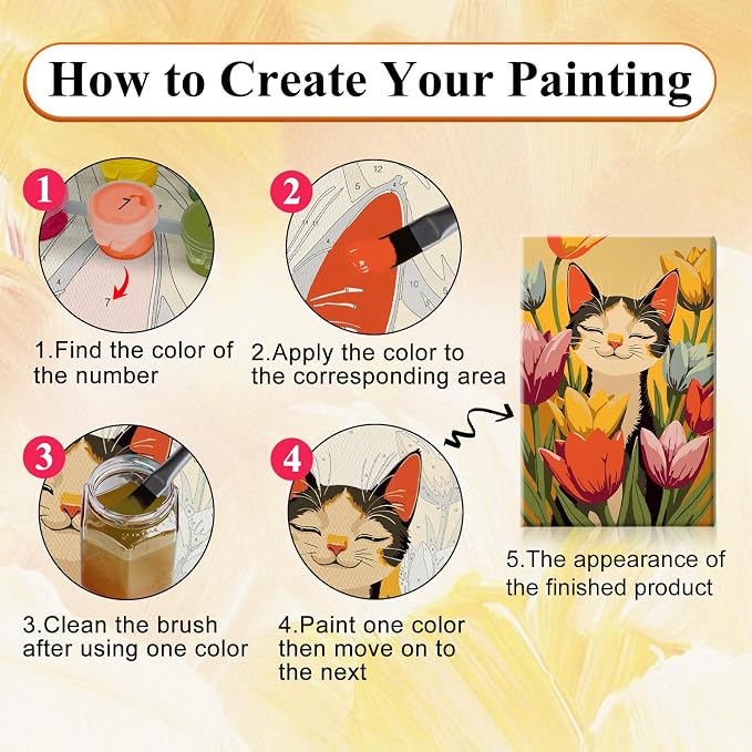 SparkGlow Cat and Flowers Adults Paint by Numbers Kit with Frame | 12×8 Inch Framed Number Painting | Premium Materials | Include Easel | Rich Colors | Gifts |Wall Decoration