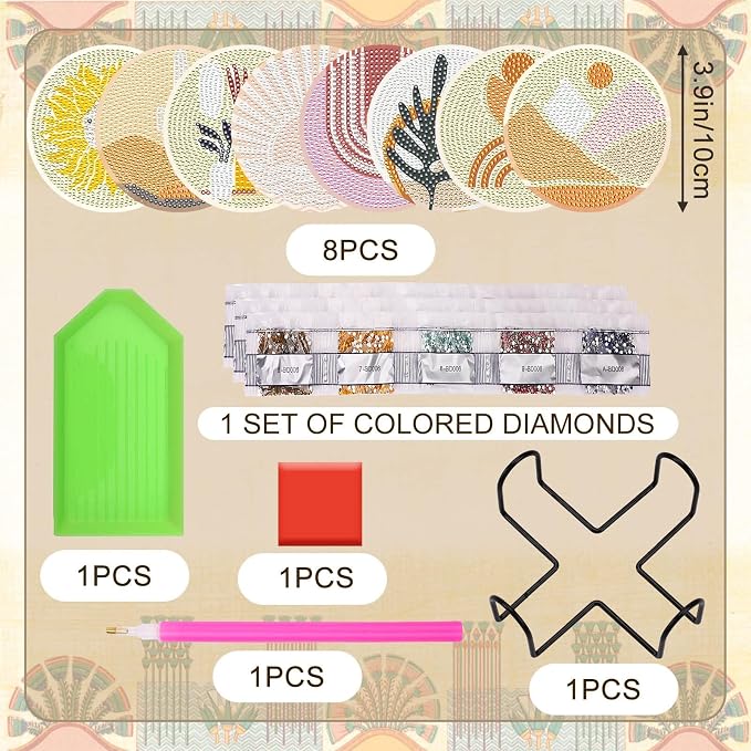 UPINS 8Pcs Boho Diamond Art Painting Coasters for Drinks | DIY Coaster Diamond Art Kits,for Adults Kids Beginners Diamond Art Craft Supplies