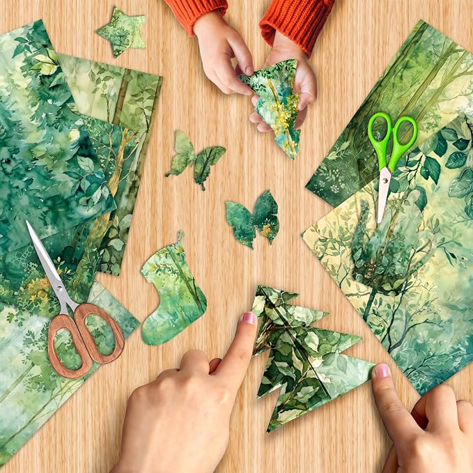 Green Scrapbook Paper Pad 6 x 6 in- 24 Sheets Forest Patterned Designed Tree Decorative Decoupage Folded Card Material Gift Wrapping Planners Junk Journal DIY Crafts Photo Album