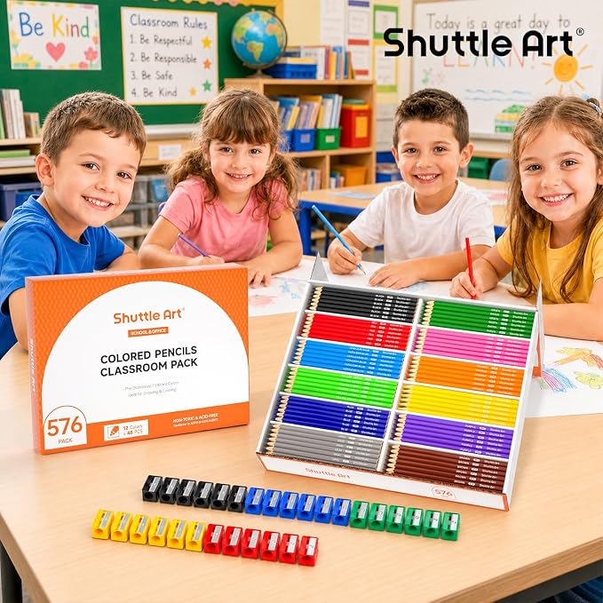 Shuttle Art 576 PCS Colored Pencils Bulk, 12 Colors, Pre-sharpened for Kids | Vibrant Colors, Break-Resistant, Bulk Pack Back to School Supplies for Teachers, Students, Classrooms