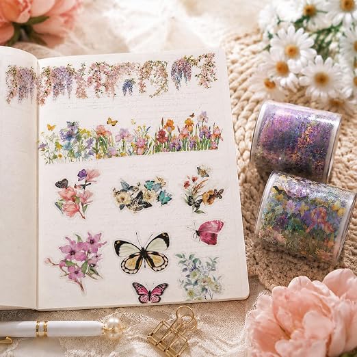 2 Rolls Floral Washi Tape Clear Colorful Vine Flower Tapes Stickers Decorative Tape for Crafts Cute Washi Masking Adhesive Pet Tapes for Journaling Journal Supplies Planners Scrapbook Gift Wrapping