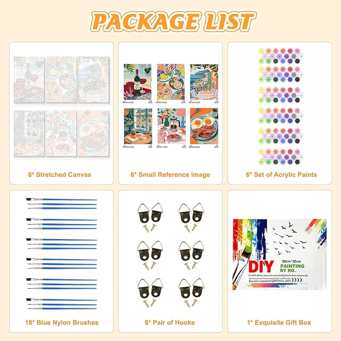 KEYIFA 6 Pack Paint by Numbers Kit, Stretched Canvas Boards for Painting for Adults, No Crease Acrylic Oil Painting for Students Beginners Favor Sip & Paint Party Supplies, Coffee Food Life (8x12)