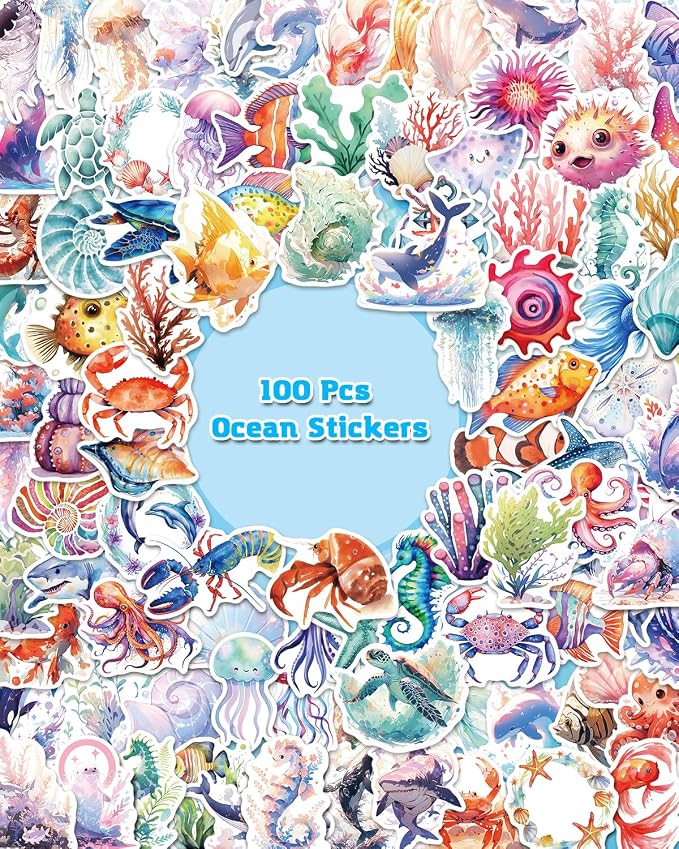 AOWDIAO 100 Pcs Ocean Stickers Cute Sea Creature Vinyl Stickers Gifts for Kids Party Crafts Favors Ocean Animal Stickers for Water Bottles Laptop Decor