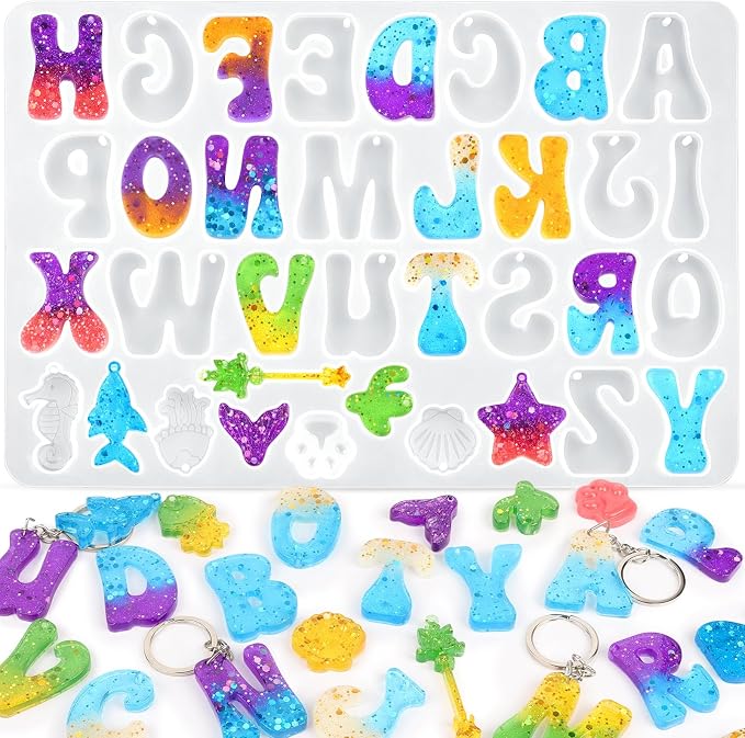 Alphabet Keychain Mold, Reversed Letter Keychain Silicone Molds with Holes, Alphabet Epoxy Resin Mold for DIY Jewelry Pendant Keychain (Ocean and Letter)