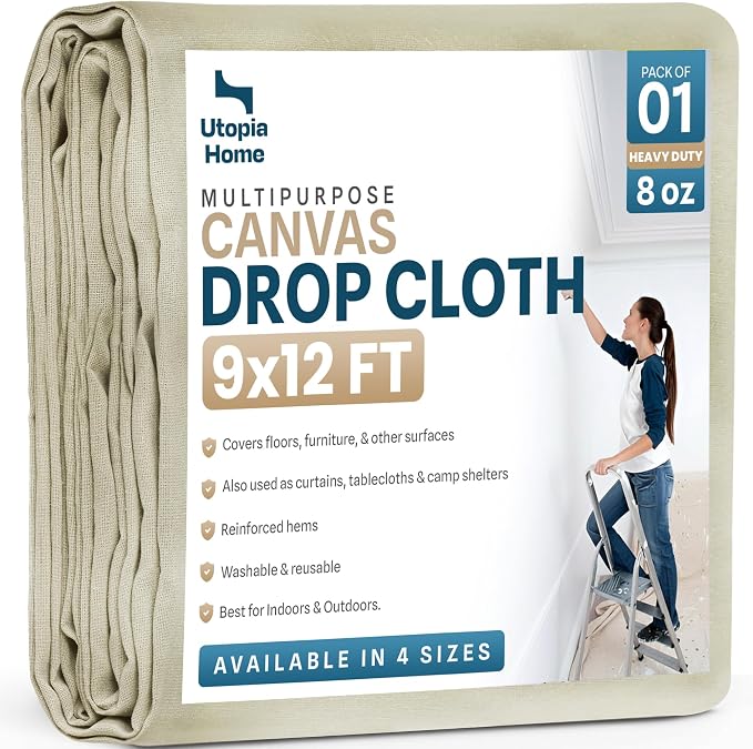 Canvas Drop Cloth 9x12 Ft, Drop Cloth for Painting, 1 Pack | Washable and Reusable, Canvas Fabric, Furniture & Floor Protection, Highly Absorbent, Duck Dropcloth