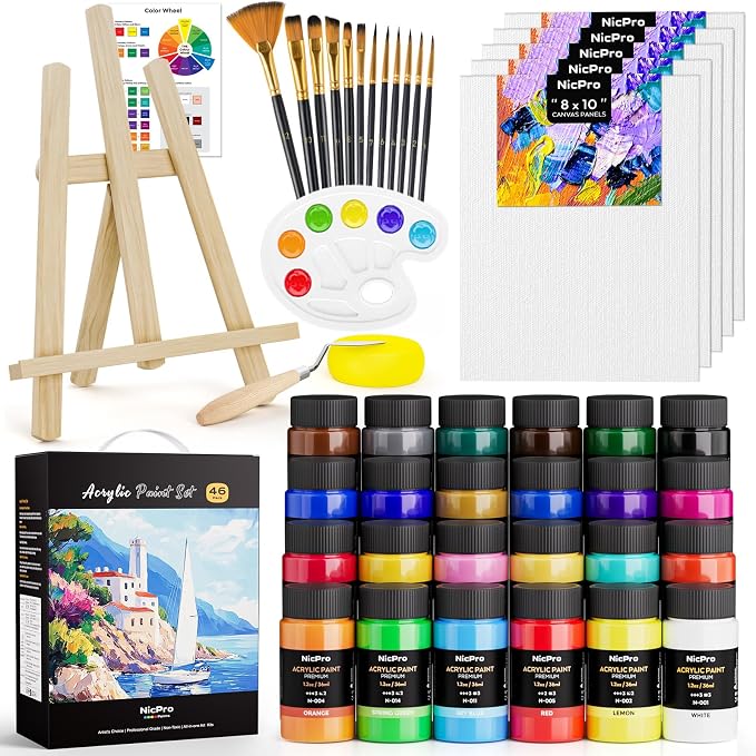 Nicpro 46PCS Acrylic Paint Canvas Set for Adults with 24 Paints (36ML) | Art Painting Supplies Kit, Table Wood Easel, 10 Canvas Panels, 12 Paint Brushes, Paper Pad, Cup, Palette, For Beginner Artist