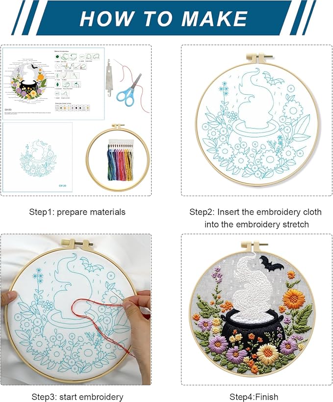 Zhenqing Halloween Cauldron Embroidery Kit for Beginners, Magic Pot Witch Decor Needlework Kit with Pre-Printed Cotton Fabric, Hoop, Threads & Tools, Spooky DIY Wall Art (C0120)