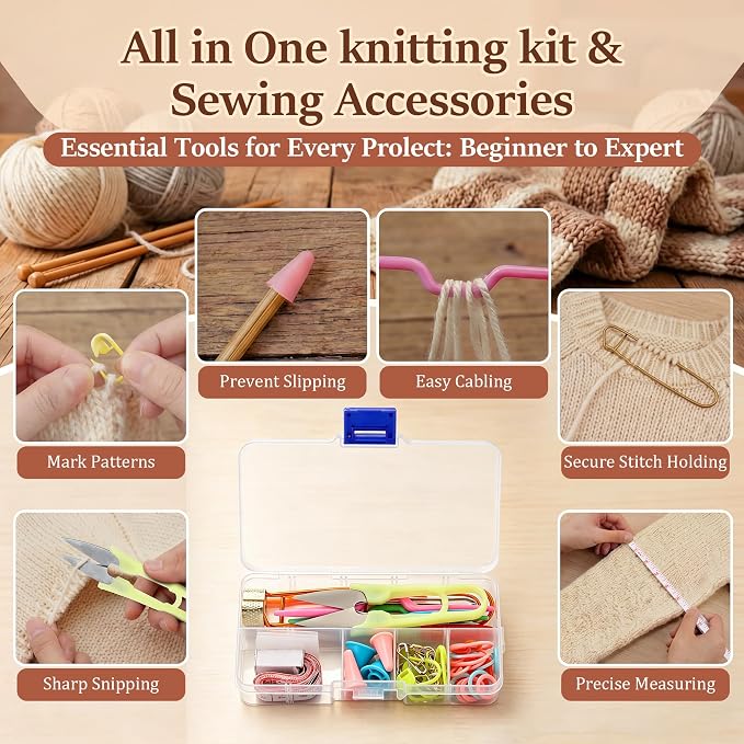 Gulfmew All in One Knitting Kit with Automatic Needle Threader, Sewing Accessories Set with Scissors, Stitch Markers & Portable Storage Case, Easy Threading Tool for Beginners, Crochet & DIY Crafts