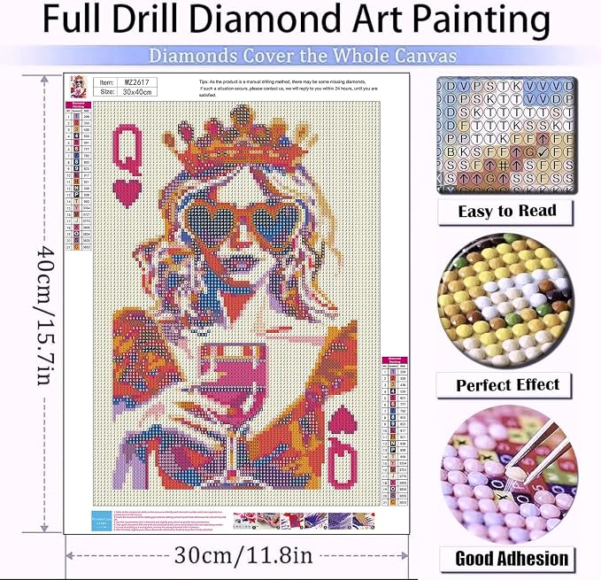Meothan 5D Queen of Hearts Diamond Art Kits for Adults (11.8x15.7inch) | Poker Queen Diamond Painting Kit for Adults, Full Drill Diamond Gem Art Dots Paintings kits for Home Wall Decor Gift(30x40cm)