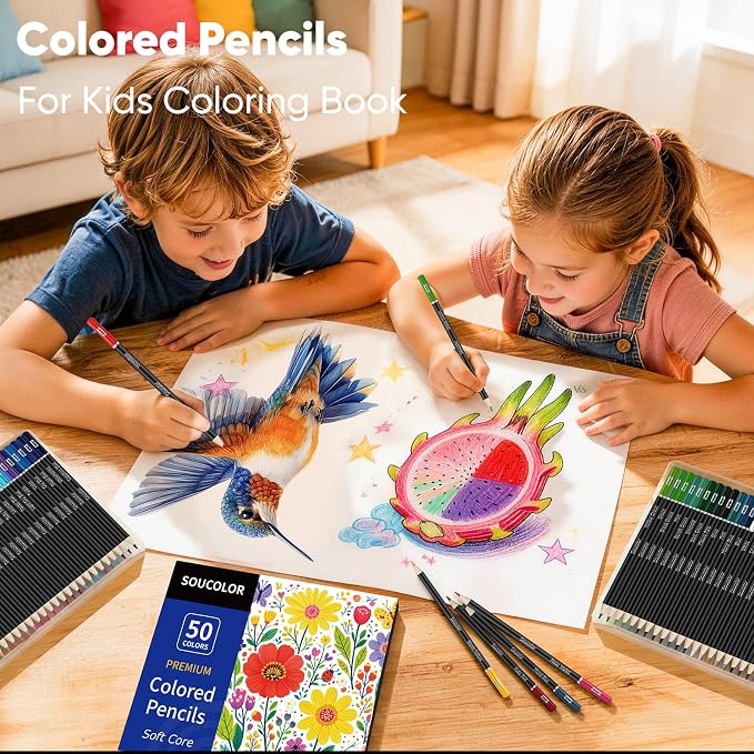 Soucolor 50 Colored Pencils -Colored Pencils Set for Adult Coloring Books | Break-Resistant Color Cores,Long-lasting vibrancy Colors,Smooth Writing,Easy Blending and Shading,Perfect for Coloring Books
