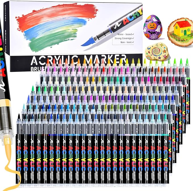 168 Colors Acrylic Paint Markers Brush Tip, Colored Paint Pens Set with Direct-Liquid Ink Control System, Water-Based Coloring Markers for Rock Painting, Fabric, Wood, Wood, Art Supplies
