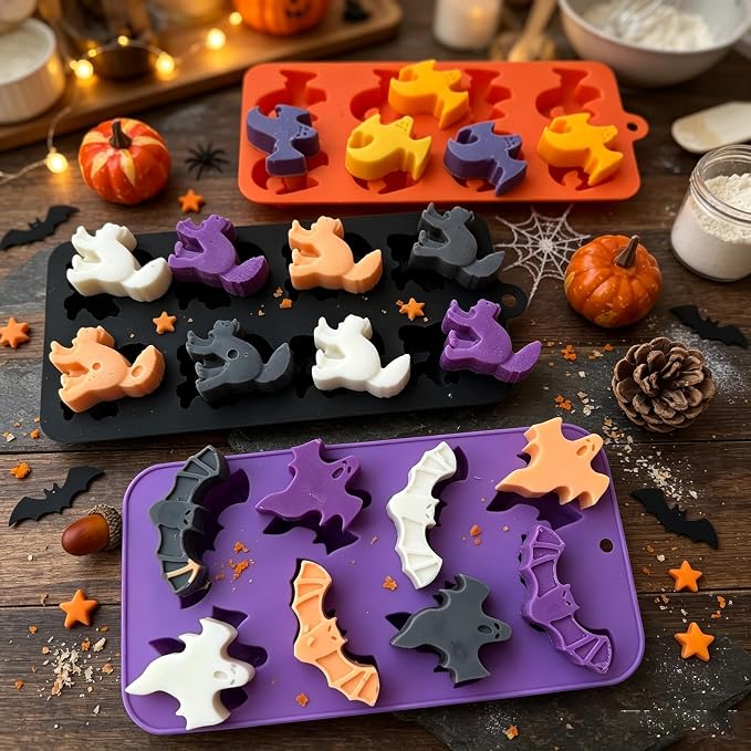 3 Pack Halloween Silicone Molds, Ghost Bat Black Cat Candy Chocolate Molds