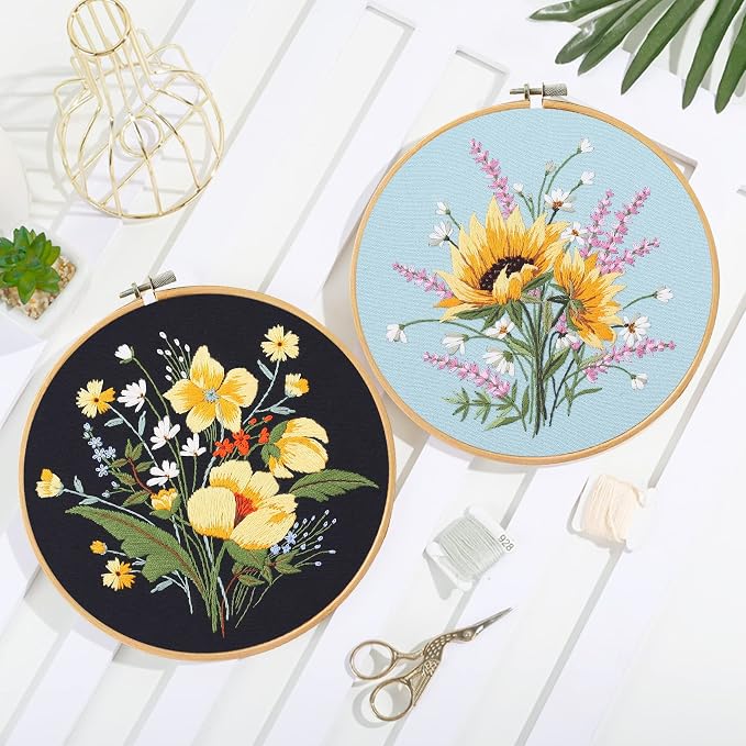 Santune 3 Pack Flower Embroidery Kit for Beginners Adults Cross Stitch Needlepoint Kits Hand Craft with Plant Patterns,3 Instructions,1 Hoop,Threads and 6 Needles