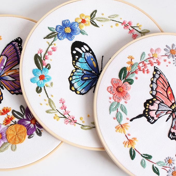 GLTAYLMY Butterfly Embroidery Kit for Beginners Adults, 3 Sets Hand Embroidery Starter Kit with Flower Pattern and Instructions Stamped Cross Stitch Kits Include Embroidery Hoop Needles Threads