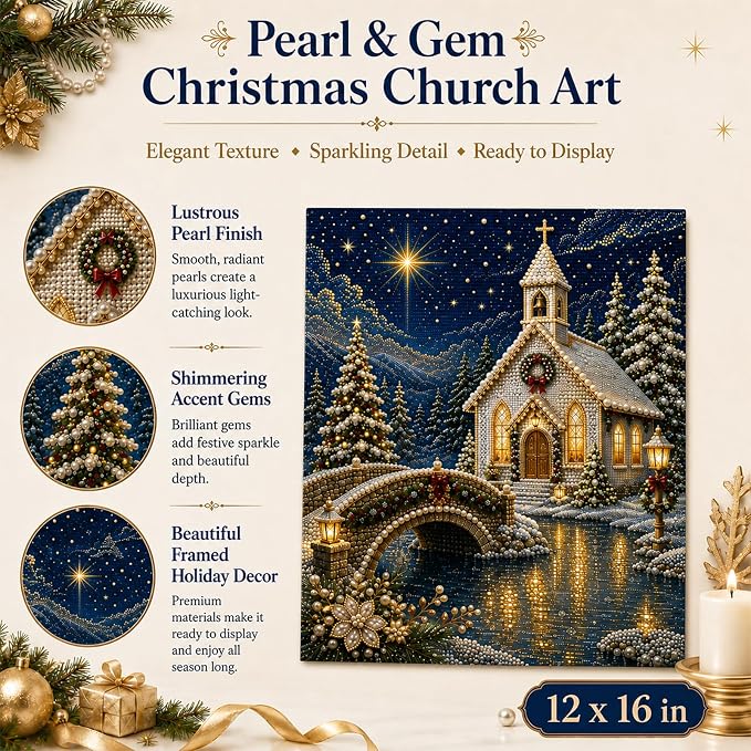 DIY Christmas Pearl Diamond Painting Kit, 5D Pearl Art Craft for Adults and Beginners, Christmas Church and Jesus Wall Decor, Holiday Gifts, 12 x 16 Inch (Church Design E)