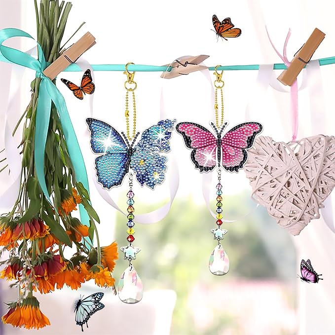 6 Pcs Diamond Painting Butterfly Wind Chimes Kits 5D DIY Crystal Diamonds Painting Suncatcher Christmas Ornament Double Sided Diamond Art Keychains Pendant Best Gifts for Mom
