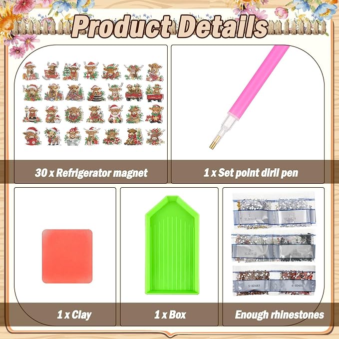 Remuuly 30 Pcs Christmas Diamond Painting Magnets Diamond Art Kit for Adult | Christmas Highland Cow Refrigerator Magnet, Xmas 5D Rhinestone Fridge Magnetic Sticker, Diamond Club Gift, Beginner DIY Craft