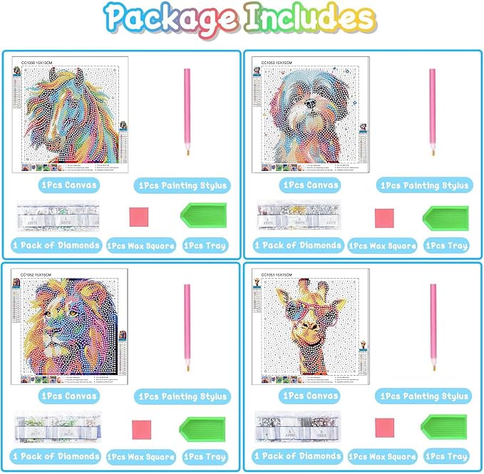 cviokrdu 4 PCS Diamond Art Kits for Kids, Animals Diamond Art for Kids Ages 4 8 12, Cute Horse Lion Dog Deer Gem Art Kit Crafts Beginners for Gift Home Wall Decor (6x6inch)