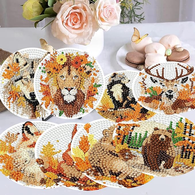 Diamond Art Coasters Kits, 8 Pcs Fall Animals Diamond Painting Coasters Kit
