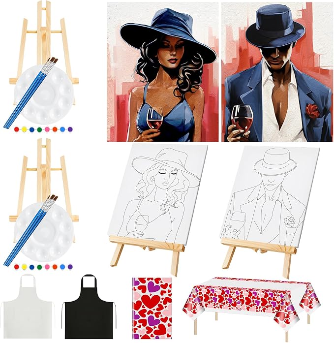 Yeaqee 13 Pcs Sip and Paint Kit for Adults Stretch Canvas Date Night Valentines Painting Kit Supplies Art Painting Set Outline Design Blank Stretch Canvas for Couple Party(Elite Couple,11x14)