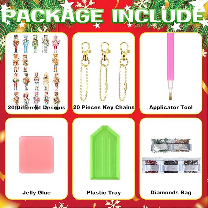 Tondiamo 20 Pcs Christmas Diamond Painting Keychain Kits 5d DIY Christmas Nutcracker Diamond Art Pendants Double Sided Hanging Key Chains Xmas Craft Gifts for Adult Holiday Party Decoration DIY