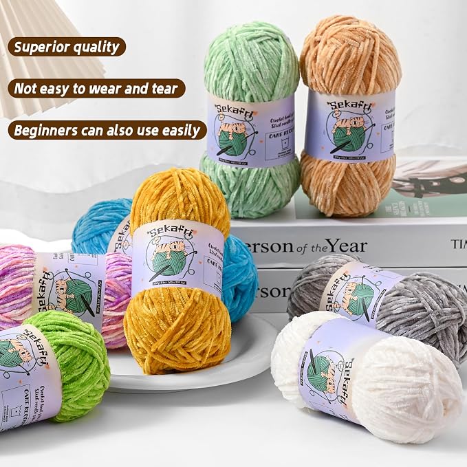 Fuzzy Chenille Yarn for Crocheting, Fluffy Amigurumi Crochet Yarn for DIY Craft/Hat/Shoes, (100g/197yds) Soft Velvet Baby Blanket Yarn（Candy Color）