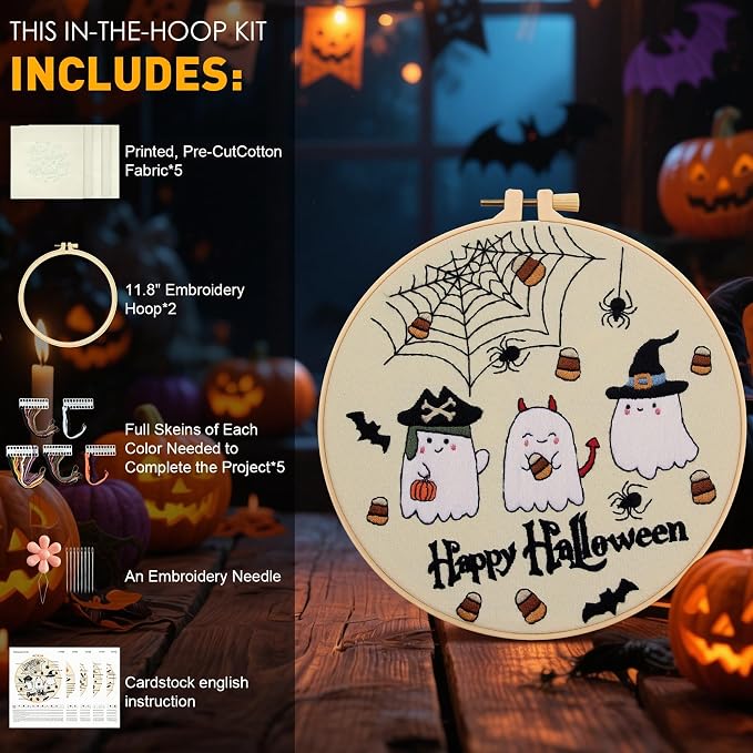 ElasignShopo 5 Sets Halloween Embroidery Kit for Adult Beginners Pumpkin Bat Embroidery Starter Kit Halloween Cross Stitch Kits Needlepoint Kits Includes Instruction 2 Hoops Color Threads Needles