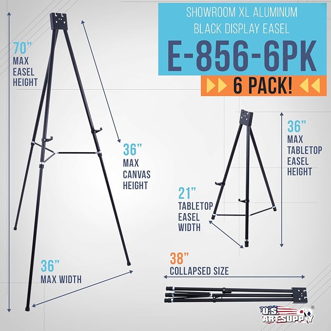 U.S. Art Supply 70" High Showroom XL Silver Metal Display Easel,Large 6Pack | Adjustable Height Portable Easel Stand, Sign Display, Holds 45 lbs - Floor & Tabletop Easels, Painting Stand