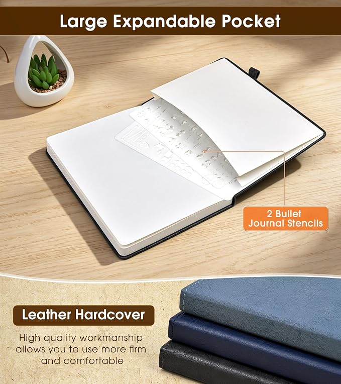 Dotted Journal Notebook, A5 Leather Hardcover, 160 Pages, 180° Lay-Flat Binding, 100 GSM Thick Paper, Dot Grid for Bullet Journaling, Planning & Daily Organization (Black)
