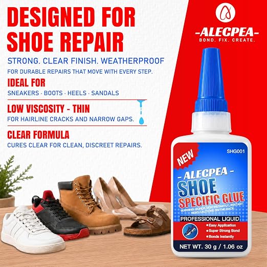 ALECPEA Shoe Glue for Sole Repair, Thin Clear Adhesive, 2 X 30g, 6 Tips