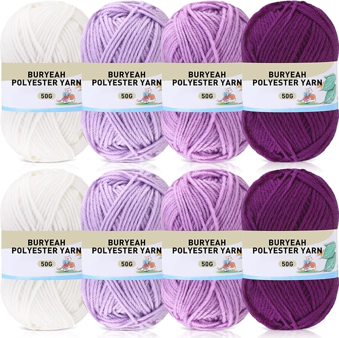 Buryeah Purple Series 8 Packs Crochet Yarn Knitting Bundle Beginner Acrylic Thread Fluffy Hand Tube Polyester Yarn Needles Bulky Kit Variety Pack 726 Yards for Weaving Crafts DIY Project Beginner
