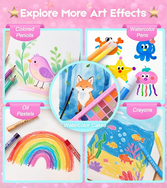 TMOL 237-Piece Kids Art Set with Double-Sided Easel, Watercolor, Oil Pastels, Painting Kits for Kids Ages 4-8, Art Supplies for Girls & Boys, Drawing Sets, Gift for Young Artists-Pink