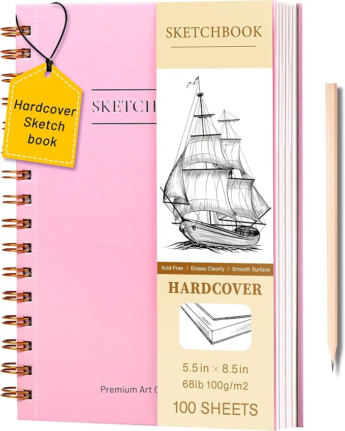 Yoment 5.5" x 8.5" Sketch Book Small Sketchbook for Drawing 100 Sheets Hardcover Spiral Sketch Pad for Kids(68lb/100gsm) Art Sketchbook Drawing Blank Paper Book for Beginner Artist with Pencil Pink | Pink,68 lb/100gsm Hardcover Sketch Pad for Kids,Art ...