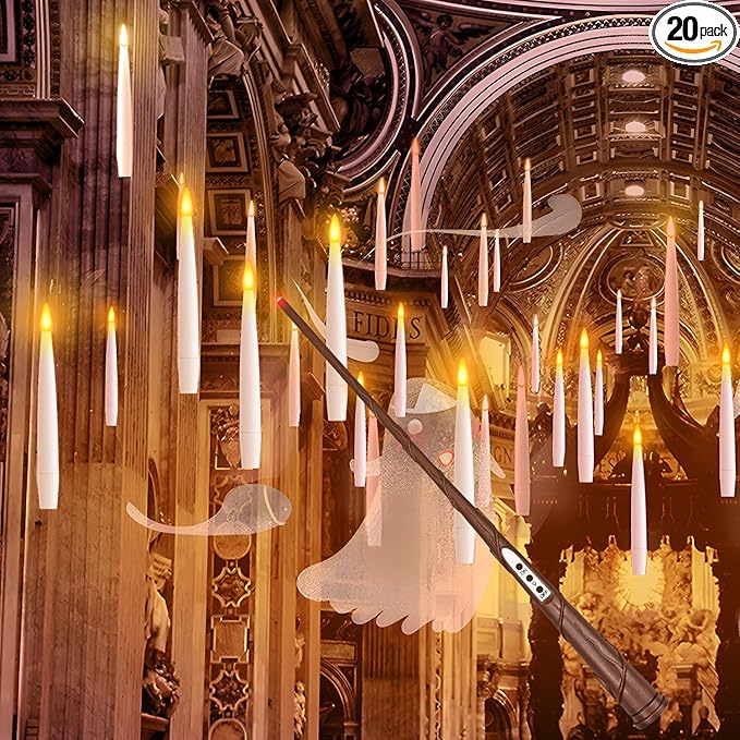 Halloween Decoration Floating Candle with Wand Magic LED Flickering-20PCs | Warm Light Flameless Battery Operated Taper Hanging Candles Set for Birthday Theme Party Gift Classroom Christmas Decor
