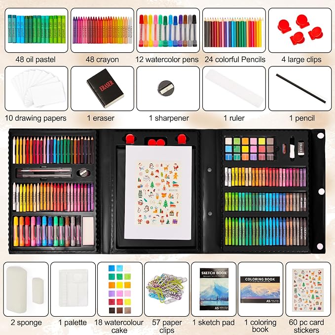 KINSPORY Art Set for Kids, 290 Pack Double-Side Easel Drawing Kits - Black