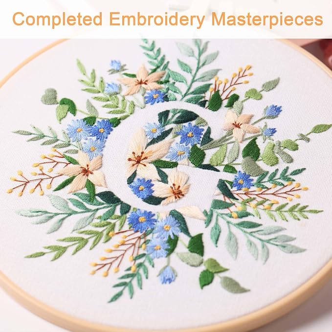 Harimau Letter G Pattern Embroidery Kit for Adult Beginners, Complete Starter Pack with 1 Hoop, Needles, Instruction Guide & Embroidery Stitch Video Tutorials