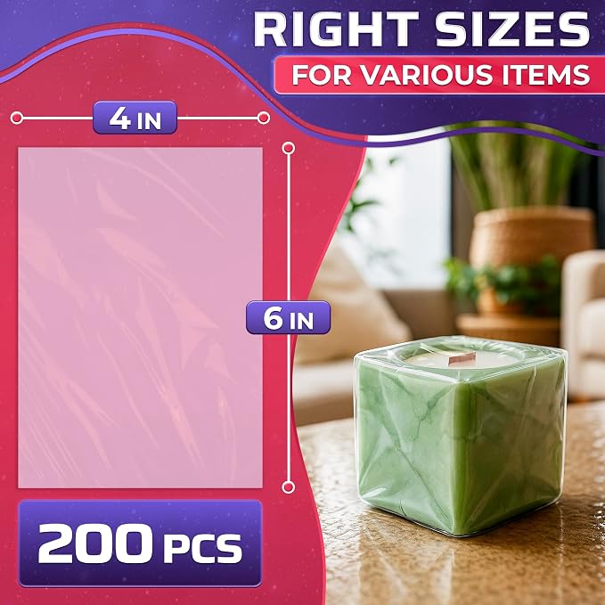 PalaYou 200 Pcs Clear Shrink Wrap Bags 4x6, PVC Film, for Small Items | Heat Shrink Bags; Soap Wrappers, Bath Bomb Packaging, Cookie Wrap; Dust & Moisture Covers, Sealable; for Crafts and Gifts