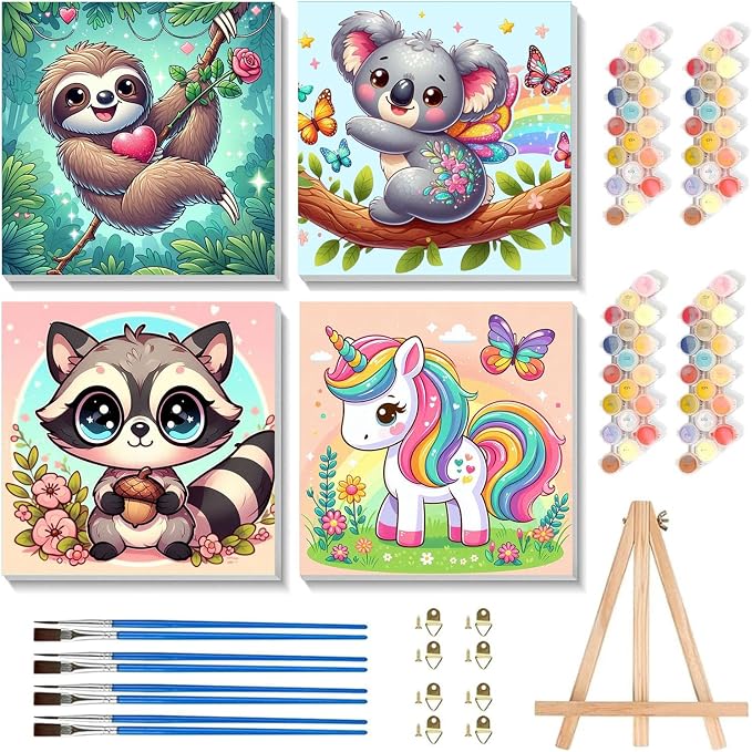 cviokrdu 4 Pack Paint by Numbers Kit for Kids with Frame - Wooden Easel, Animal Paint by Numbers for Kids Ages 4 8 12, Easy Animals Acrylic Oil Painting Kits for Home Wall Decoration 8x8 inch