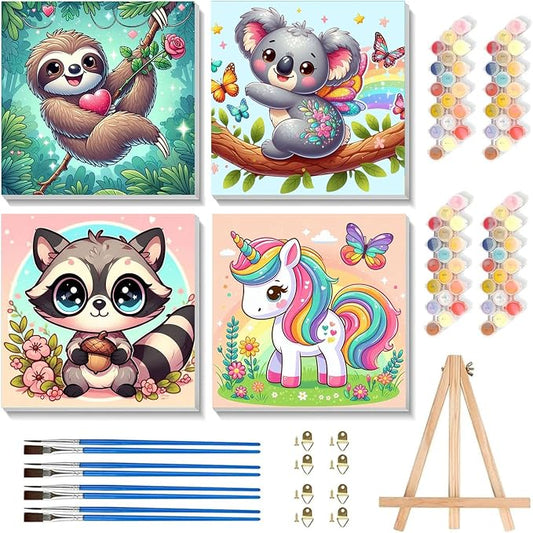 cviokrdu 4 Pack Paint by Numbers Kit for Kids with Frame - Wooden Easel, Animal Paint by Numbers for Kids Ages 4 8 12, Easy Animals Acrylic Oil Painting Kits for Home Wall Decoration 8x8 inch