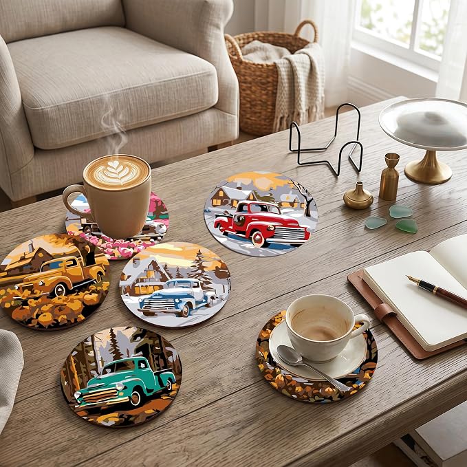8 Pack All Season Paint by Numbers Kits Coasters with Holder Cork Pads | Truck Paint by Number Kits for Adults Simple Round Oil Painting Coaster for Small DIY Craft Holiday Birthday Gift 3.9x3.9in