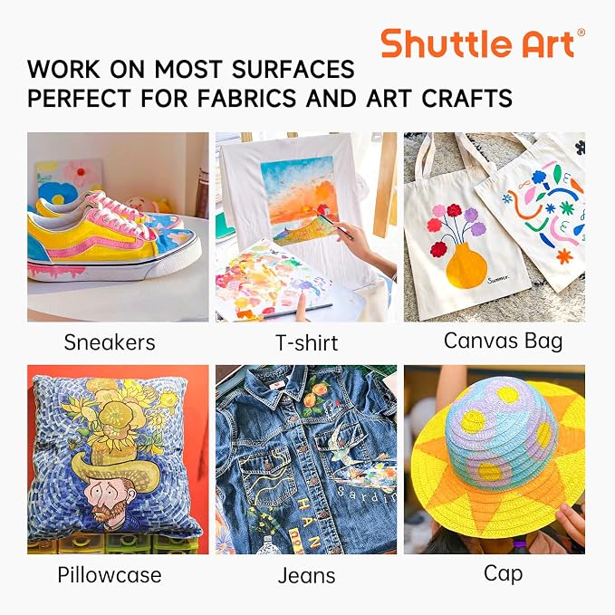 Fabric Paint, Shuttle Art 30 Colors Permanent Soft Fabric Paint in Bottles (60ml/2oz) with Brushes, Palette, Stencils, Non-Toxic Textile Paint for T-shirts, Shoes, Jeans, Bags, DIY Projects&Art Crafts