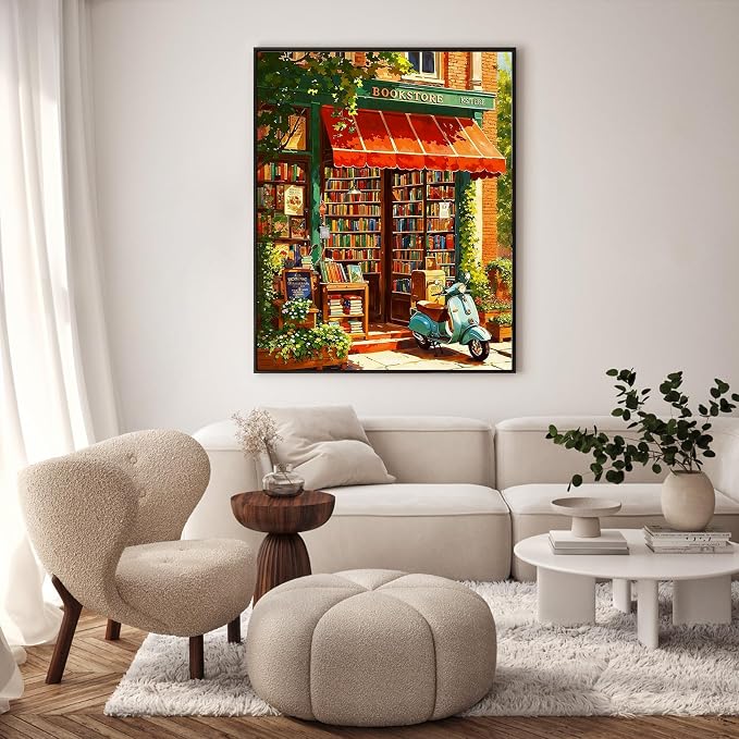 Paint by Numbers Kit for Adults, Cozy Bookstore Painting, 16 x 20 Inch | DIY Adult Paint by Number Kit on Canvas for Beginners, without Frame, Literary Wall Decor, Stress Relief Craft Gift
