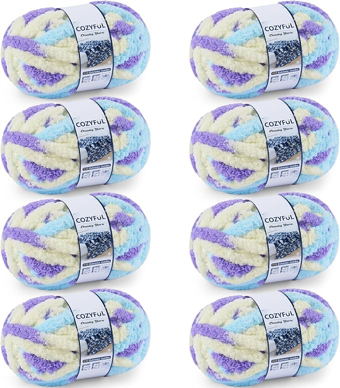 Cozyful Chunky Yarn for Hand Knitting - #10 Chunky Chenille Blanket Yarn, Jumbo Big Thick Chunky Yarns for Crocheting, Tie Dye Bulky Knit Yarns, 8 Skein (20 yds 8 oz Each Skein), Purple&Yellow&Blue