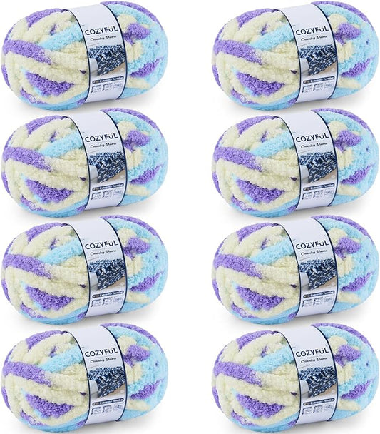 Cozyful Chunky Yarn for Hand Knitting - #10 Chunky Chenille Blanket Yarn, Jumbo Big Thick Chunky Yarns for Crocheting, Tie Dye Bulky Knit Yarns, 8 Skein (20 yds 8 oz Each Skein), Purple&Yellow&Blue