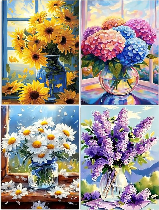 DOZEEZOP 4-Pack Diamond Art Kit for Adults, 5D Diamond Painting 12x16 Inch | Flowers pictures, Full Round Drills, Home Wall & Shelf Decor, Beginner-Friendly DIY Craft, Stress Relief, All-Occasion Gift