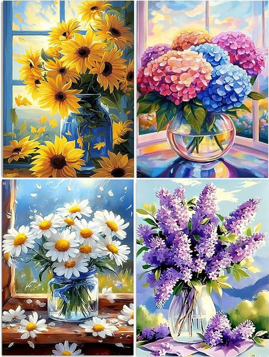DOZEEZOP 4-Pack Diamond Art Kit for Adults, 5D Diamond Painting 12x16 Inch | Flowers pictures, Full Round Drills, Home Wall & Shelf Decor, Beginner-Friendly DIY Craft, Stress Relief, All-Occasion Gift