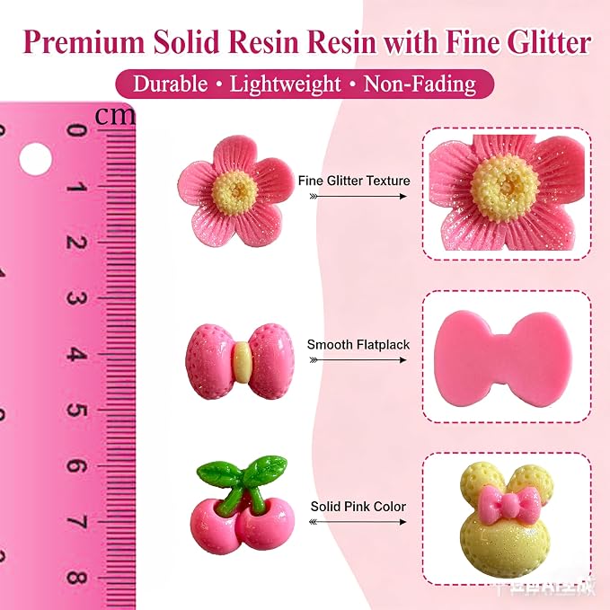 100Pcs Shimmery Pink Solid Resin Charms for Slime - Flatback DIY Cream Glue Accessories, Kawaii Embellishments for Phone Case Decor, Scrapbooking, Jewelry Making, Hair Clips - Random Mixed Styles