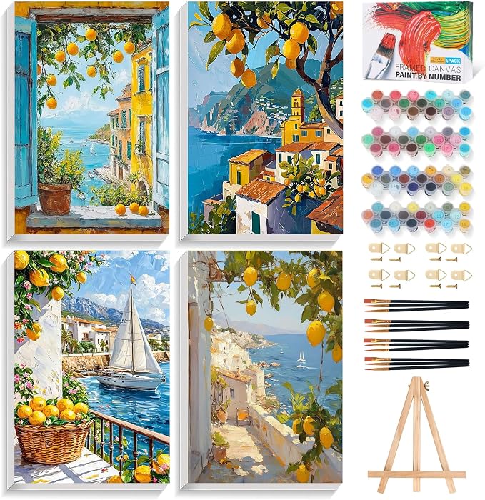 4 Pack Framed Paint by Numbers Kit for Adults Lemon Tree with Wooden Easel | With Frame Canvas 8x12 IN, For Adults Beginner, DIY Acrylic Painting Lemon, Stress Relief Craft Kits, Home Wall Decor Gift