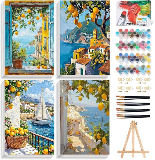 4 Pack Framed Paint by Numbers Kit for Adults Lemon Tree with Wooden Easel | With Frame Canvas 8x12 IN, For Adults Beginner, DIY Acrylic Painting Lemon, Stress Relief Craft Kits, Home Wall Decor Gift
